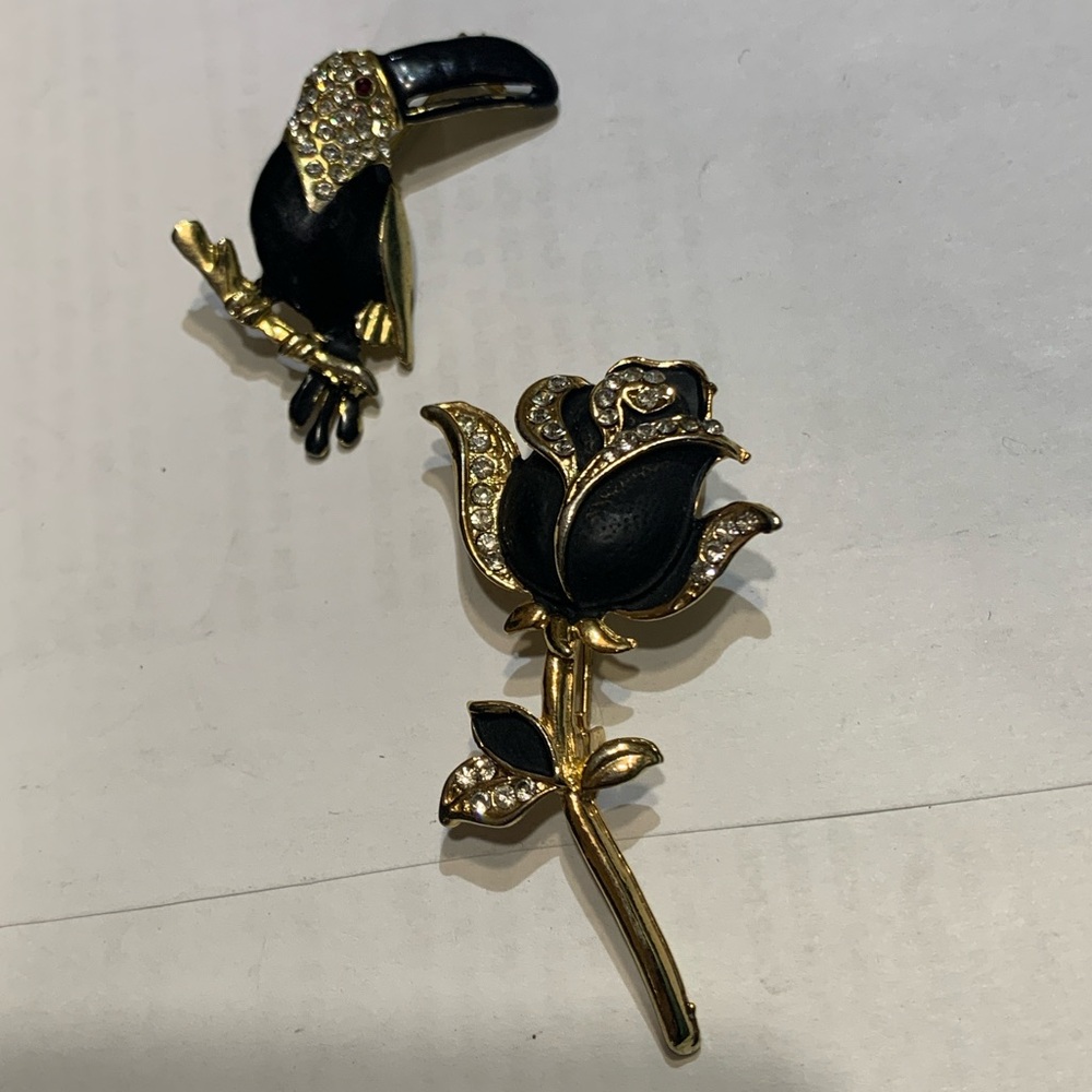 Vintage Toucan and Black Tulip/rose Brooch Set #131
